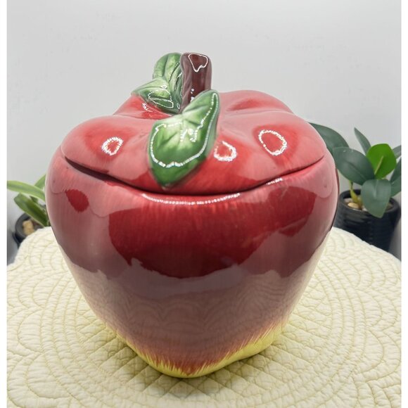 Ceramic Red Apple Cookie Jar With Lid - Hand-Painted Design Made In China - Picture 9 of 9